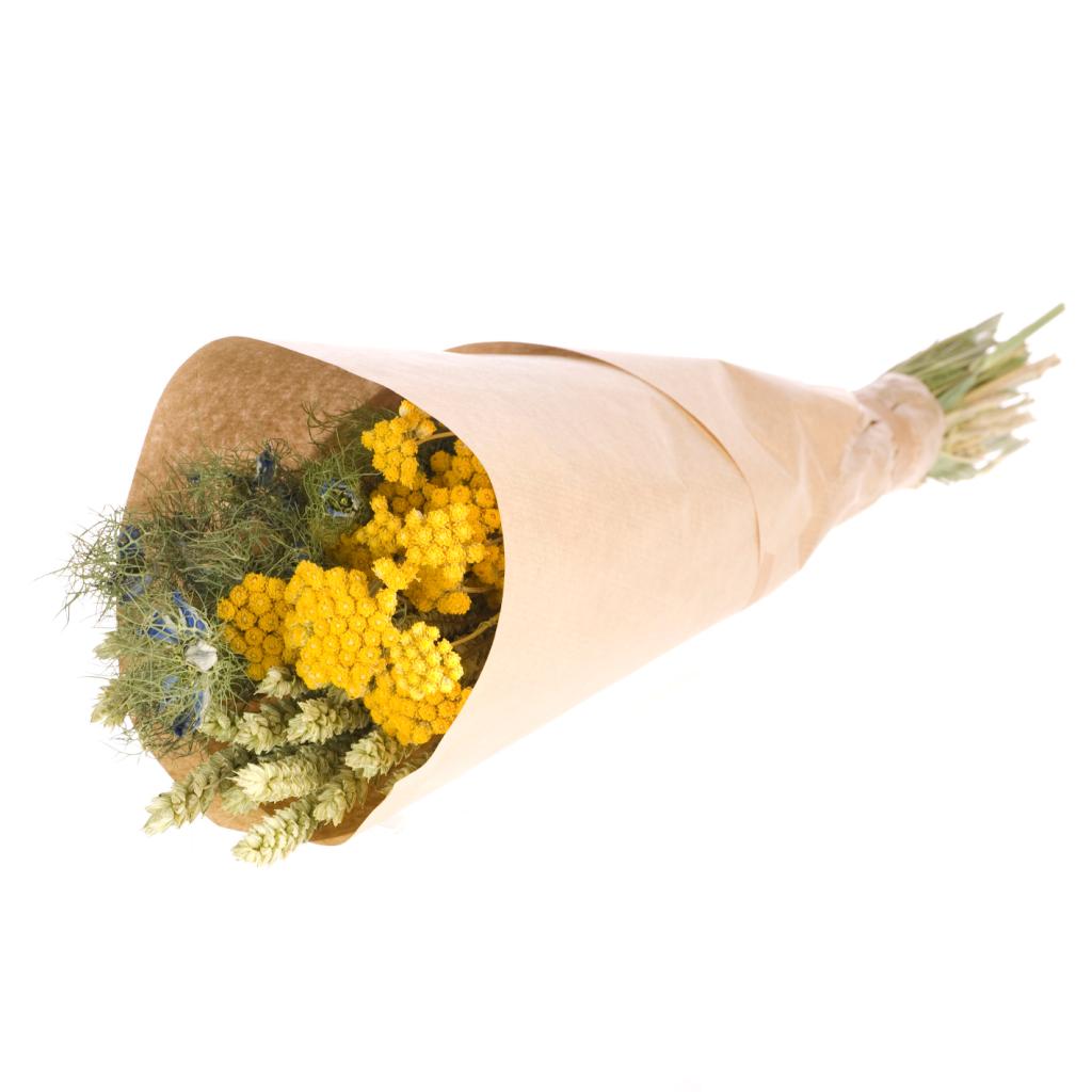 Trockenblumen-Bouquet Harmonie, Bund mit Weizen (Tritic), Jungfer im Grünen (Nigella), gelber Leberbalsam (Lona)